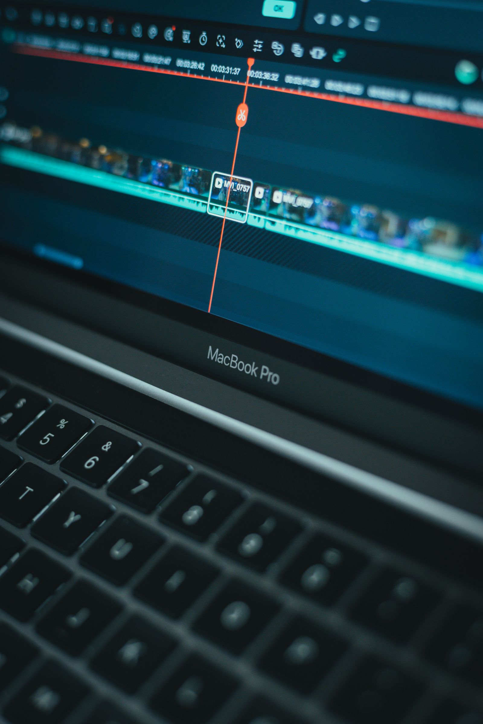 Close-up of a video editing timeline on a laptop
